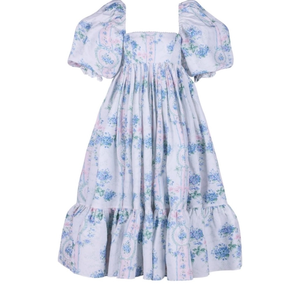 Selkie Powder Blue Floral Puff-Sleeve Midi Dress